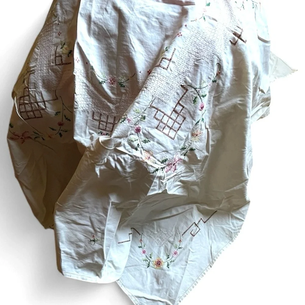 Vintage Tablecloth Hand Embroidered Floral CrossStitch 50” Sewing Upcycle craft - Picture 6 of 14